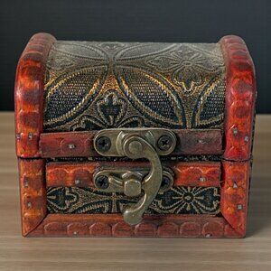 Vintage Decorative Wooden Treasure Chest With Embossed Floral Pattern & Antique